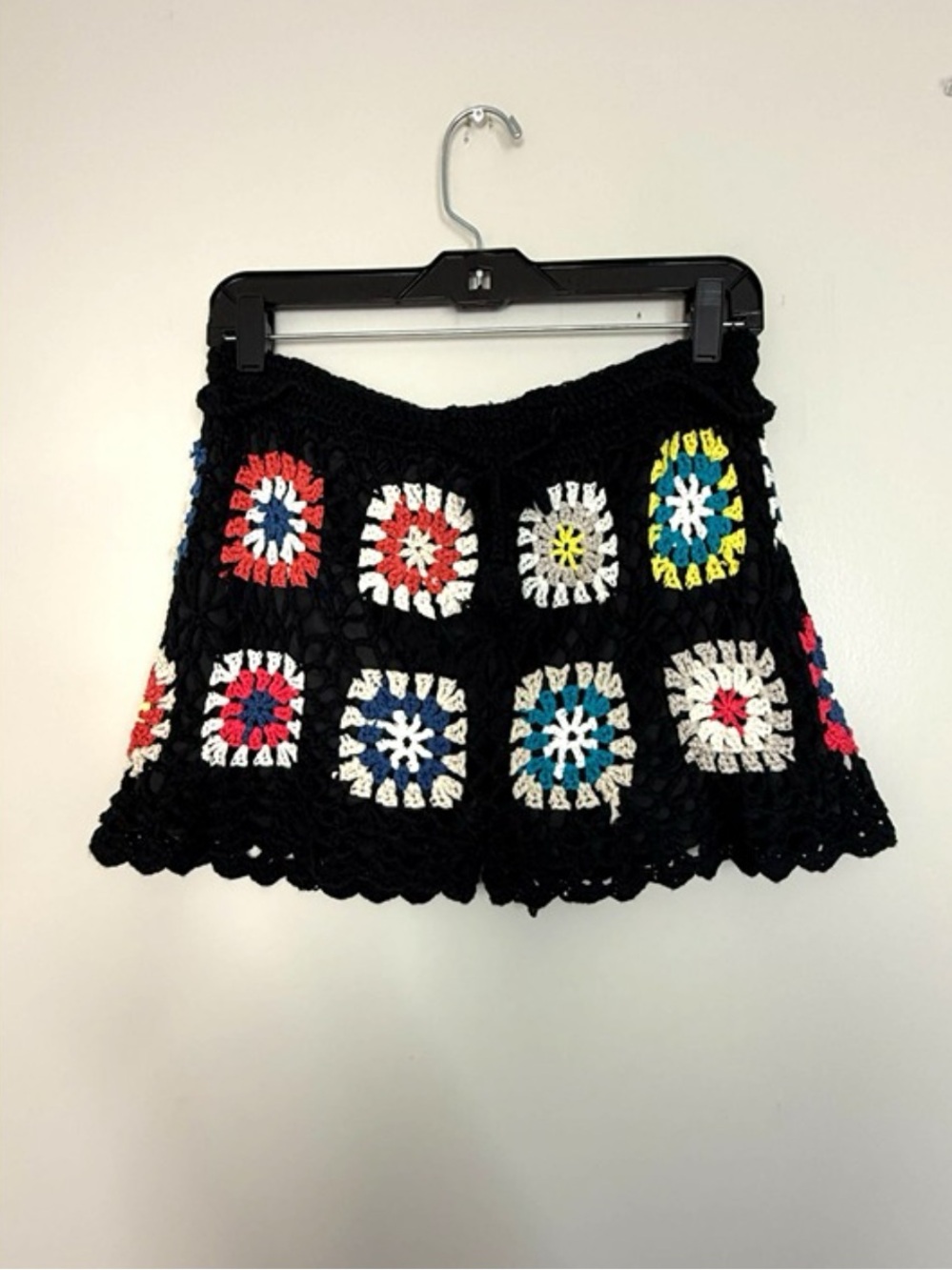 India Boutique Black Crochet Mini Skort with Multicolor Square Motifs
